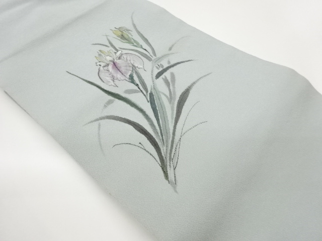 作家物　縮緬地手描き花菖蒲模様名古屋帯